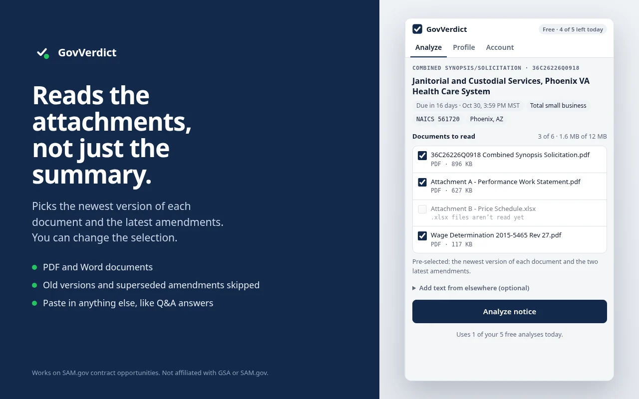 Reads the attachments, not just the summary. GovVerdict side panel screenshot